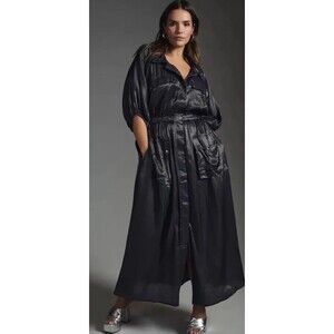 Anthropologie Samant Chauhan Utility Zipper Black Metallic Maxi Dress Sz M New